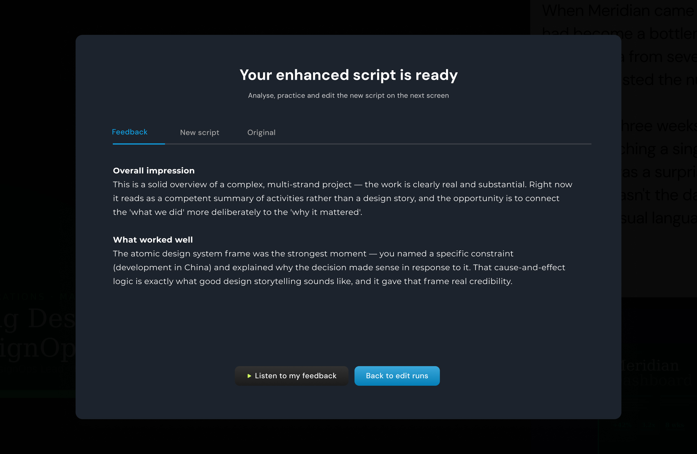 Worried Presenter — your enhanced script is ready, with feedback on overall impression and what worked well