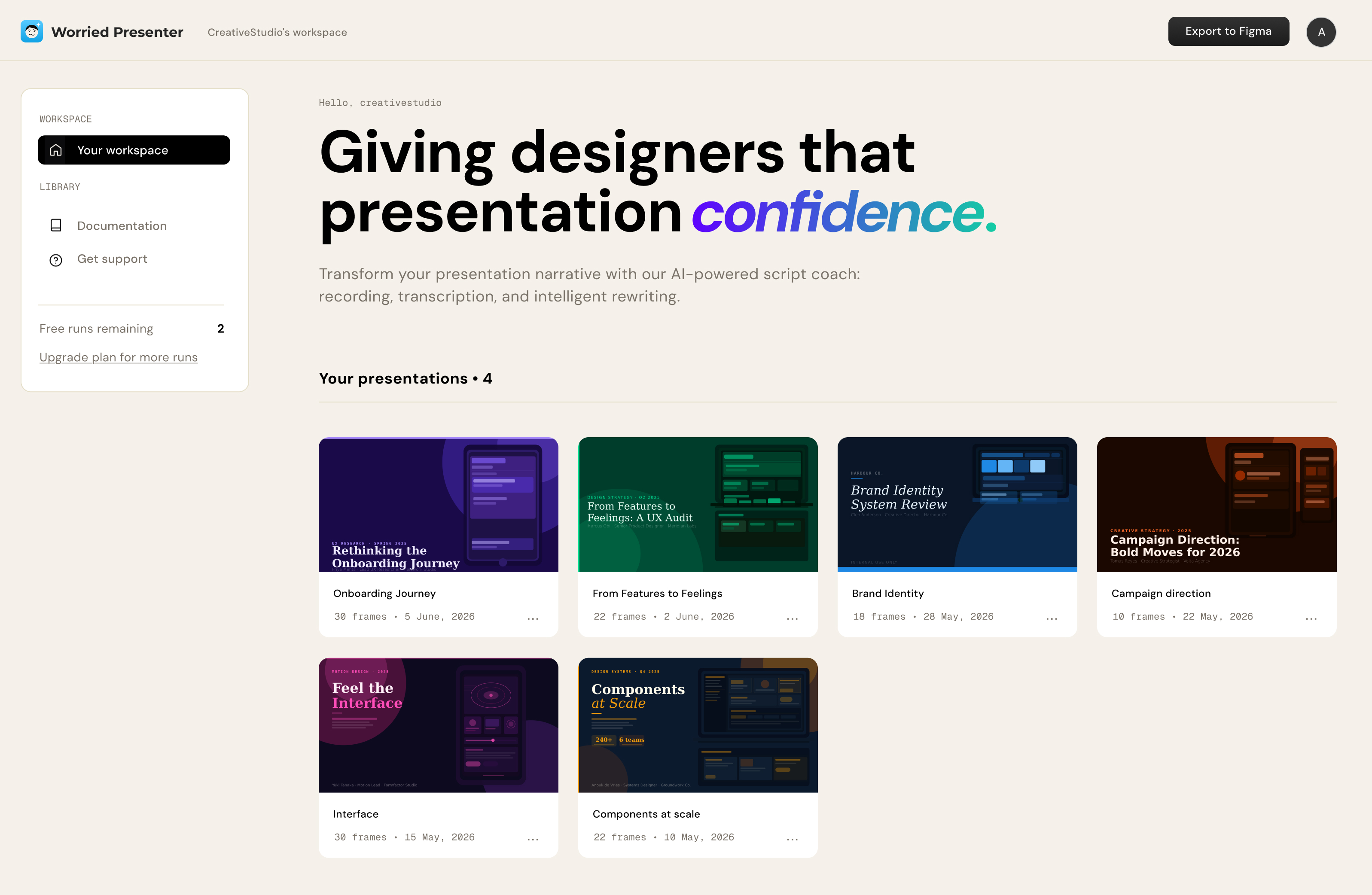 Worried Presenter workspace — your presentations dashboard with imported frames