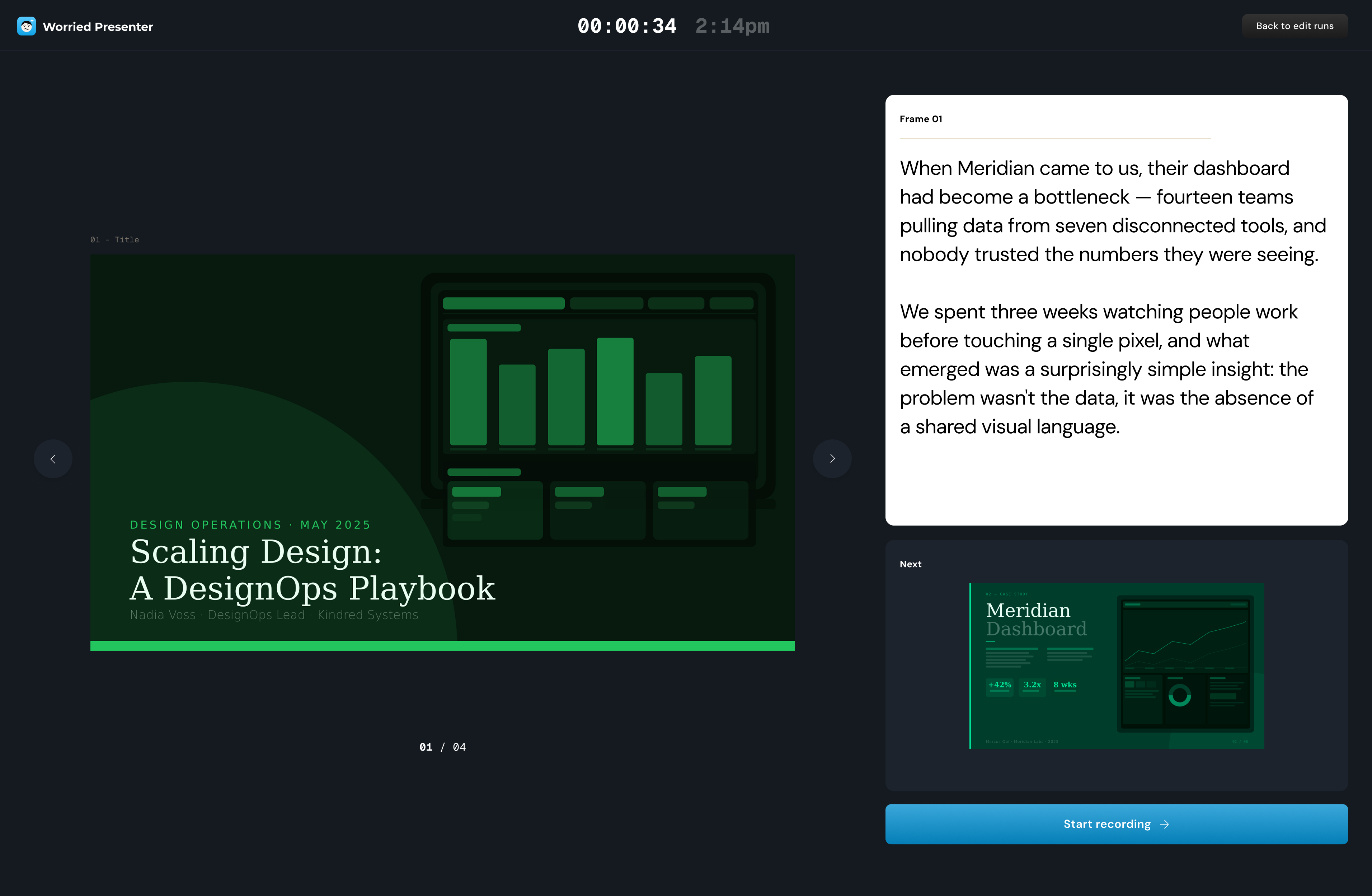 Worried Presenter — presenter mode with timer, slide preview and live script frame